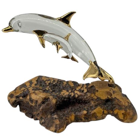 Glass Dolphin Figure w/ Wooden Stand
