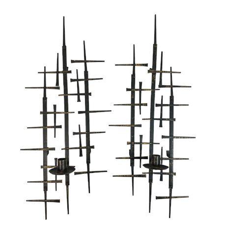 Pair of Mid-Century Brutalist Iron Nail Candle Sconces Wall Art