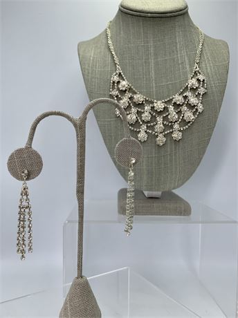 Sparkling 80s era Rhinestone Bib Necklace & Earrings