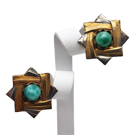 Two-Tone Green Swirl Clip Earrings