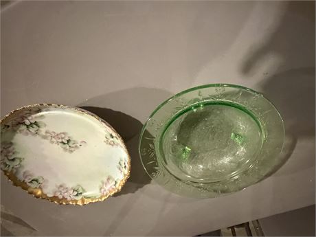 Green Depression Footed Dish & Vintage Floral Design Bowl