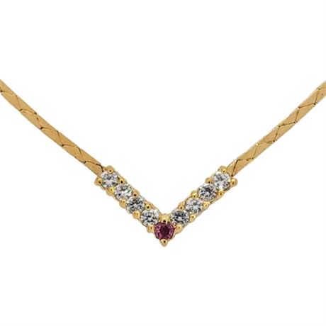 Vintage Gold Tone Genuine Ruby & CZ "V" Necklace
