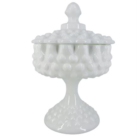Vintage Fenton White Milk Glass Hobnail Pedestal Lidded Candy Dish