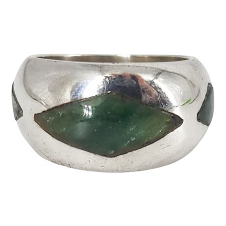 Signed Vintage Mexican Sterling Silver Jade Inlays Ring, Sz 5.5