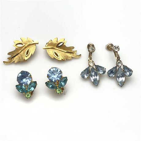 Vintage Earring Lot- Blue Marquise, Blue & Green Rhinestone & Leaf