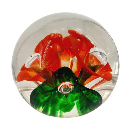 Vintage Joe Zimmerman Red & Green Floral Art Glass Paperweight