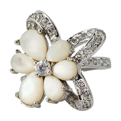 Modern Mother of Pearl & CZ Flower Ring, Sz 6.75
