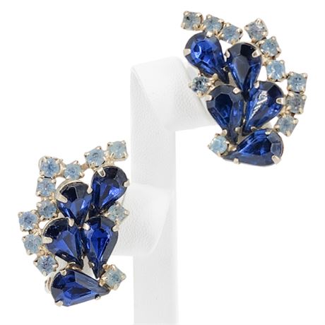 Vintage Large Prong Set Blue Rhinestone Climber Clip Earrings