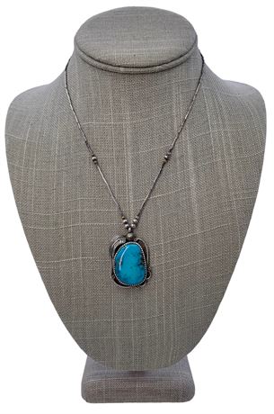 Superb Turquoise & Silver Vintage Navajo Pendant Necklace