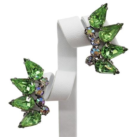 Vintage WEISS Green & Aurora Borealis Rhinestone Clip Earrings