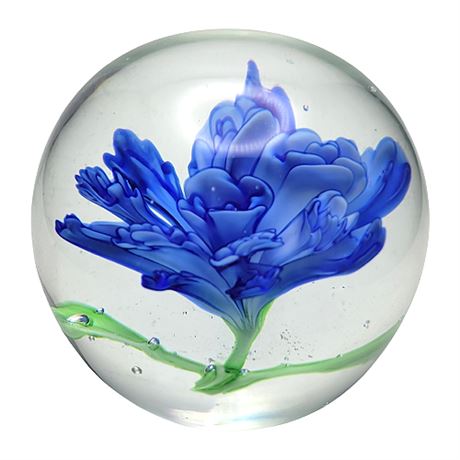 Vintage Murano Style Blue Flower Glass Paperweight