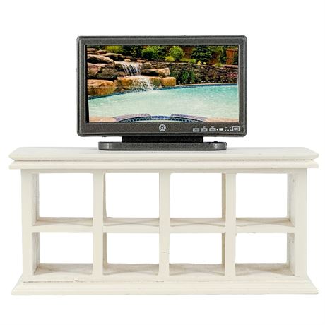 Miniature 1:12 Dollhouse Scale Wooden Open Shelf and LED TV