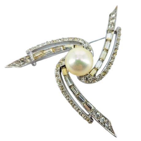 Vintage Marvella Rhinestone and Faux Pearl Brooch