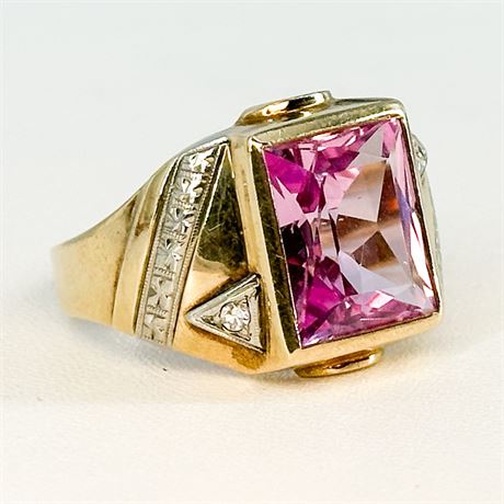Vintage Pink Sapphire, Diamond and 10k Gold Men's Ring