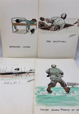 Lot of 4 of Korean War era US Soldier Artist Signed Drawings by Gilpin c1950s