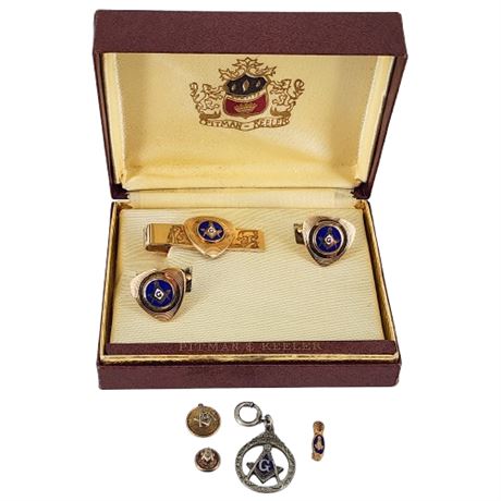 Vintage Masonic Accessories, Incl. Pitman & Keeler Cufflinks/Tie Clip Set in Box
