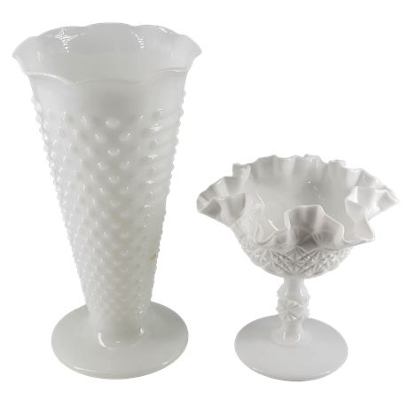 Fenton Glass Diamond Optic Ruffled Edge Compote / Milk Glass Hobnail Vase
