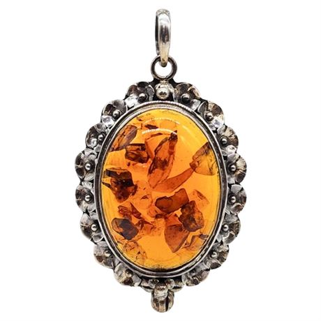 Huge Sterling Silver & Genuine  Amber Pendant