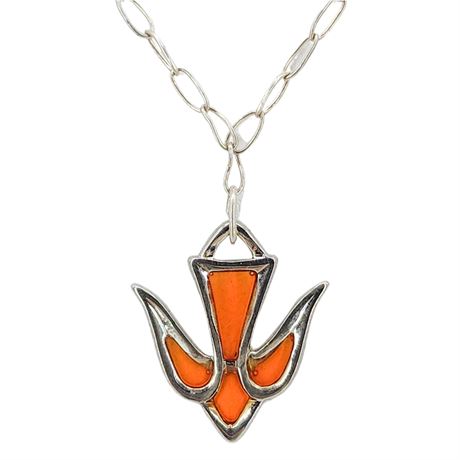Vintage Sterling Silver Plique-a-Jour Enamel Dove Pendant Necklace