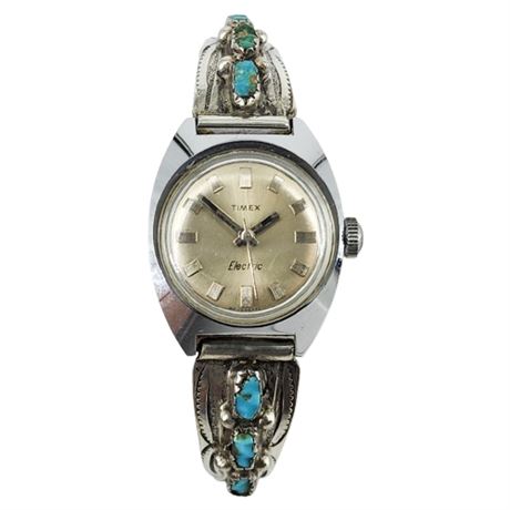Vintage TIMEX Electric Ladies' Wrist Watch w/ Sterling Silver Turquoise Band