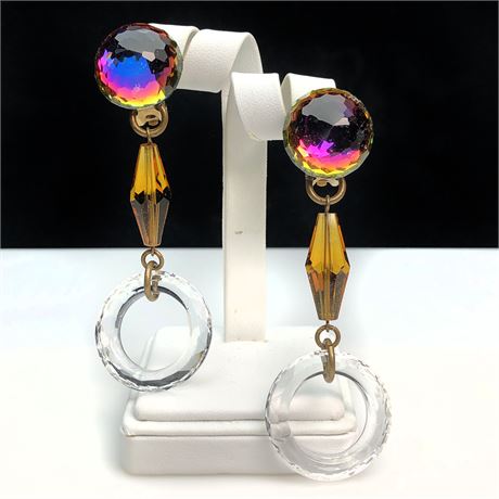 Vintage Glass Watermelon Rivoli Rhinestone Dangle Earrings