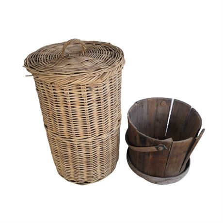 Wicker Basket / Wood Bucket