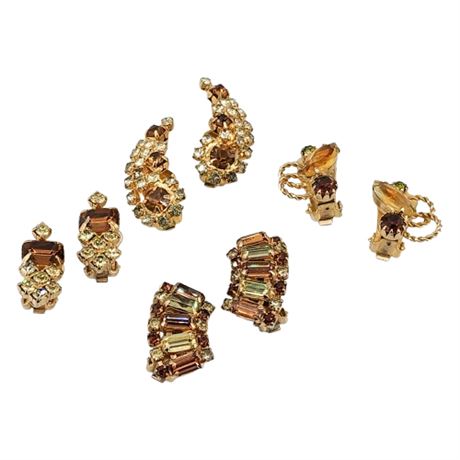 Four Pairs Vintage Gold Tone Topaz Rhinestone Clip Earrings