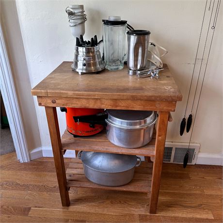 Vintage Kitchen Butcher Block Table with Assorted Kitchenwares