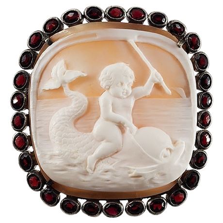 Antique Sterling Silver Putto & Dolphin Carved Shell Cameo Brooch w/ Garnets