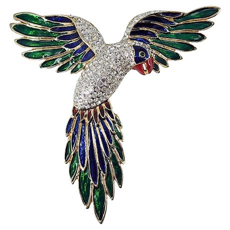 Huge 5.5" Vintage Enamel & Rhinestone Parrot Brooch
