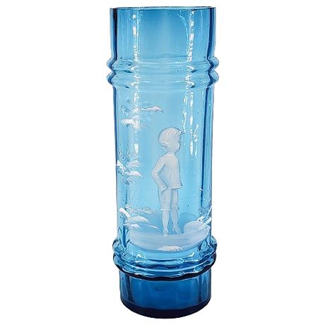 Victorian Mary Gregory Teal Blue Art Glass Boy Column Vase