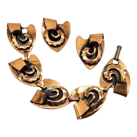 Signed BEAUJEWELS Copper Clip Earrings & XS Bracelet Set