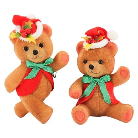 Vintage Flocked Plastic Christmas Teddy Bear Figurines