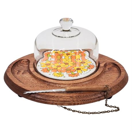 Vintage Good Wood Flower Power Cheese & Cracker Board w/ Dome & Knife
