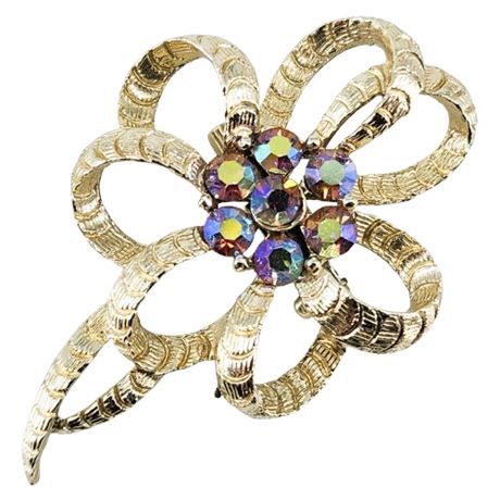 Vintage Aurora Borealis Rhinestone Ribbon Brooch