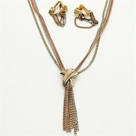 Vintage Avon Multi-Tone Chain Tassel Necklace & Earring Set
