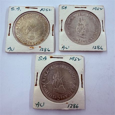 3x 1952 South Africa 5 Silver Shillings