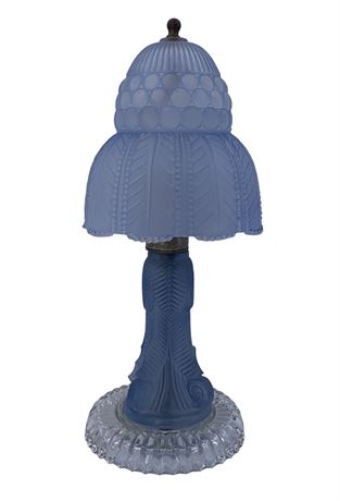 Working Art Deco Frosted Blue Glass Boudoir Lamp