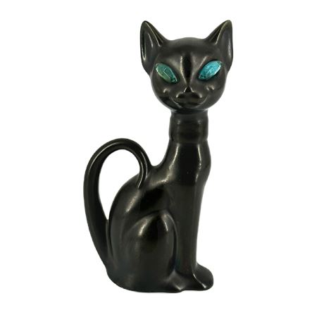 Mid-Century Ceramic Black Cat with Rhinestone Eyes