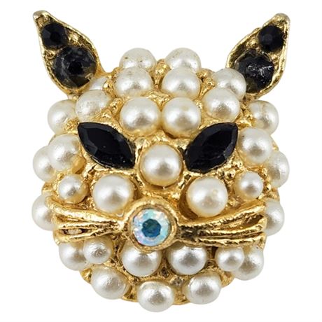 Vintage Faux Pearl & Rhinestone Cat Brooch