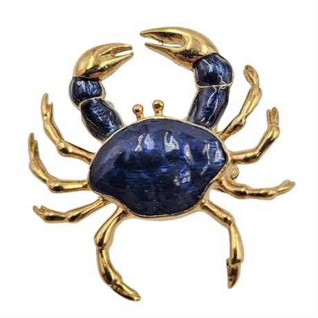 Vintage Gold Tone and Blue Enamel Crab Brooch