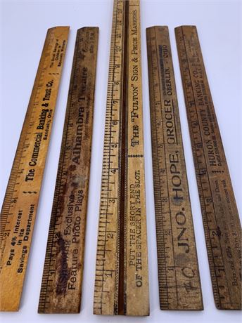 5 Vintage Advertising Grocer, Theatre, Bank, Wooden Rulers