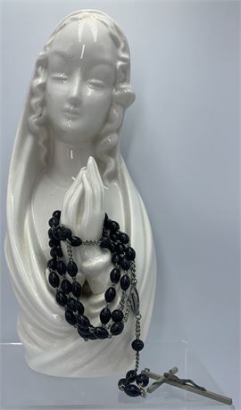 Lovely 1962 Cream Pottery Madonna Statue with Italian Prayer Rosary