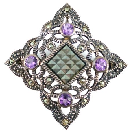 Sterling Silver Amethyst & Marcasite Brooch/Pendant