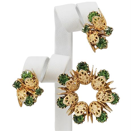 Vintage Gold Tone Filigree & Green Rhinestone Brooch & Earrings