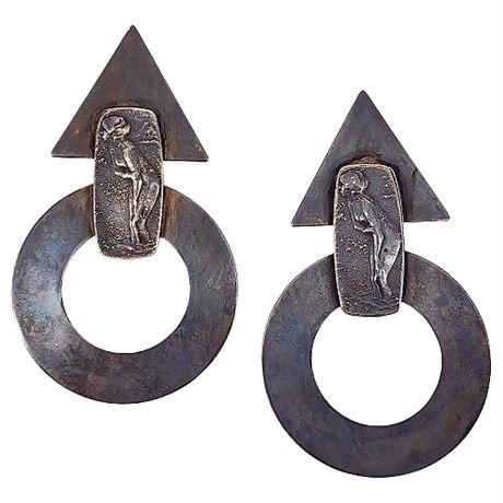Vintage Art Deco Revival Antiqued Brass Bathing Beauty Clip Earrings