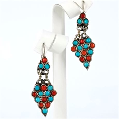 Sterling Silver Turquoise & Coral Inlay Dangle Earrings