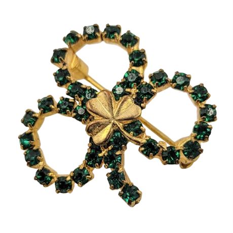 Vintage Green Rhinstone Shamrock Brooch