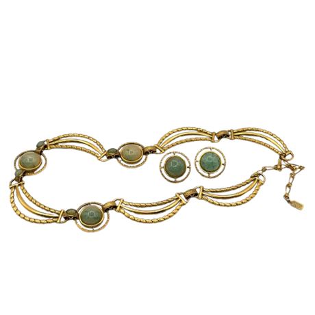 1925 Gold Tone & Faux Jade Necklace & Earrings
