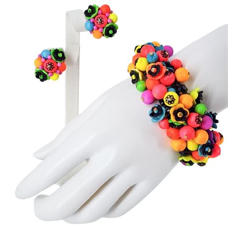 Vintage Day-Glow Neon Cha-Cha Beads Bracelet & Clip Earrings
